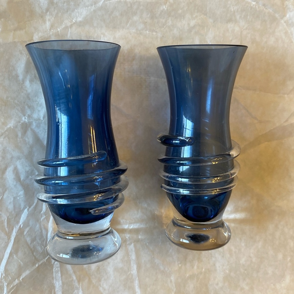 Hand Blown Blue Glass Mini Bud Vases. Set of two.